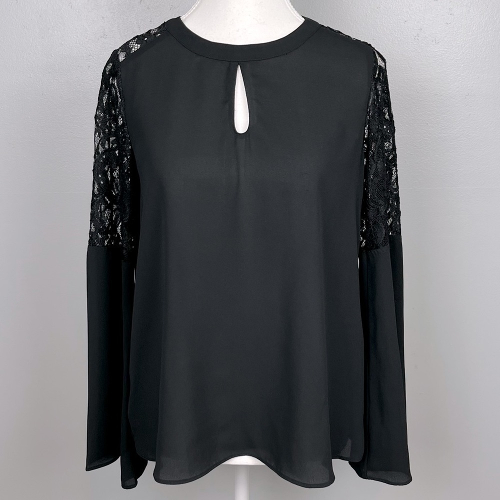 Aqua black semi sheer lace detail bell sleeve top w/keyhole back & front, small
